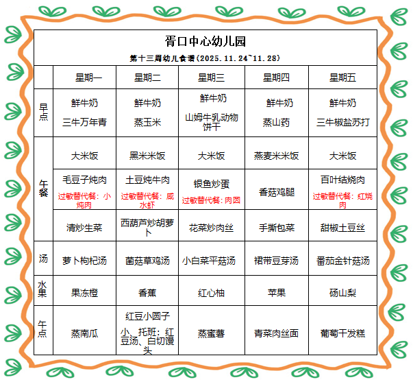 【每周食谱】2025/秋 第十三周（2025年11月24日-2025年11月28日）
