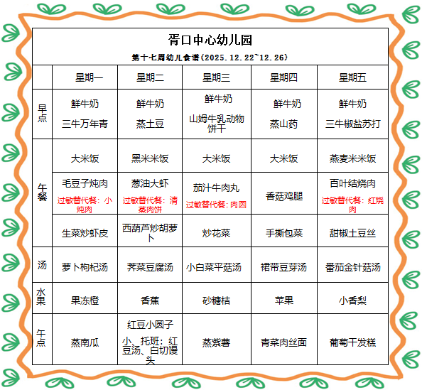 【每周食谱】2025/秋 第十七周（2025年12月22日-2025年12月26日）