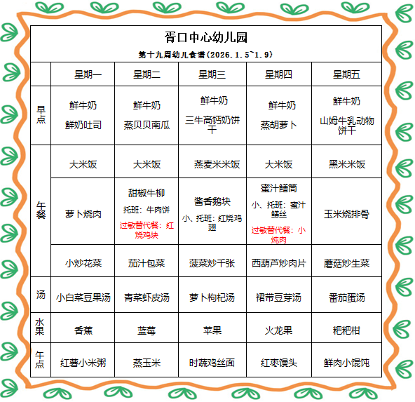 【每周食谱】2025/秋 第十九周（2026年1月5日-2026年1月9日）