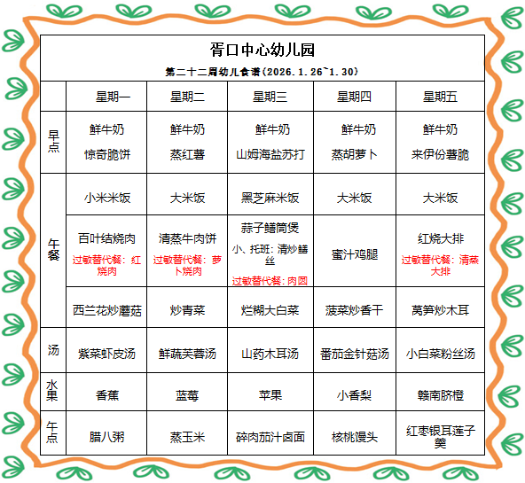 【每周食谱】2025/秋 第二十二周（2026年1月26日-2026年1月30日）