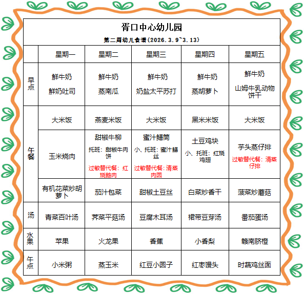 【每周食谱】2026/春 第二周（2026年3月9日-2026年3月13日）