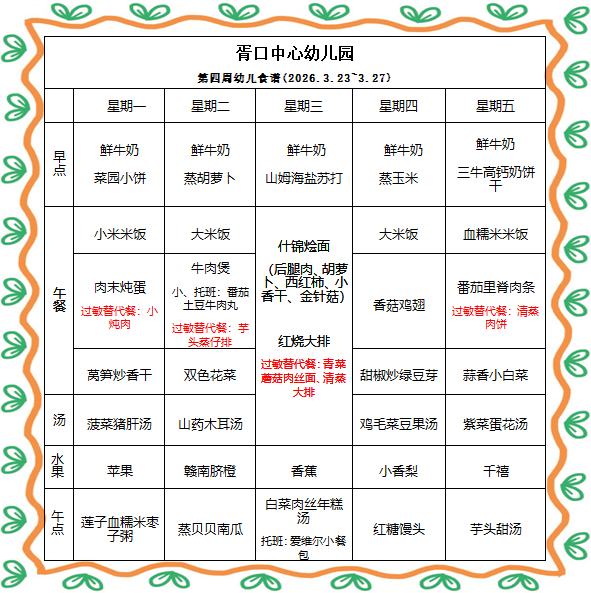 【每周食谱】2026/春 第四周（2026年3月23日-2026年3月27日）