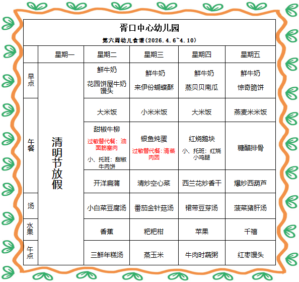 【每周食谱】2026/春 第六周（2026年4月6日-2026年4月10日）