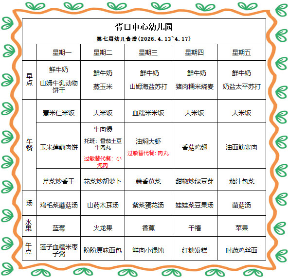 【每周食谱】2026/春 第七周（2026年4月13日-2026年4月17日）