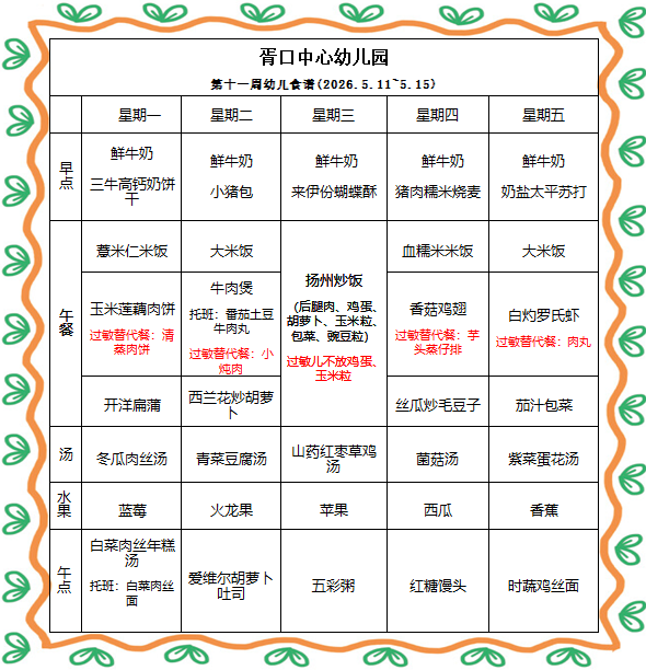【每周食谱】2026/春 第十一周（2026年5月11日-2026年5月15日）