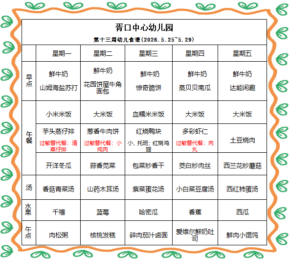 【每周食谱】2026/春 第十三周（2026年5月25日-2026年5月29日）
