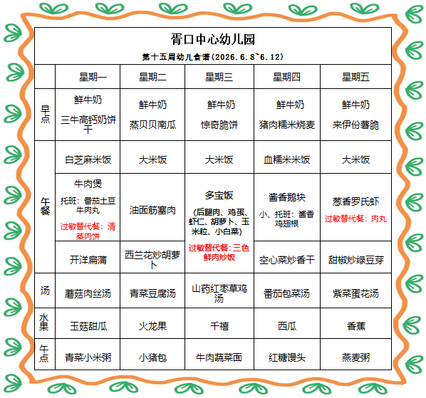  【每周食谱】2026/春 第十五周（2026年6月8日-2026年6月12日）
