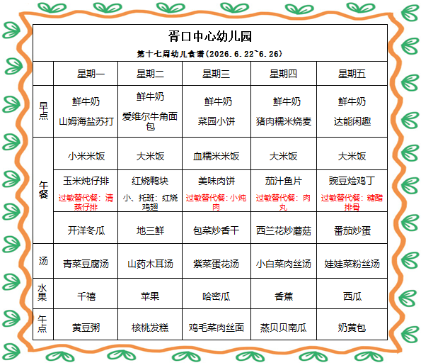  【每周食谱】2026/春 第十七周（2026年6月22日-2026年6月26日）