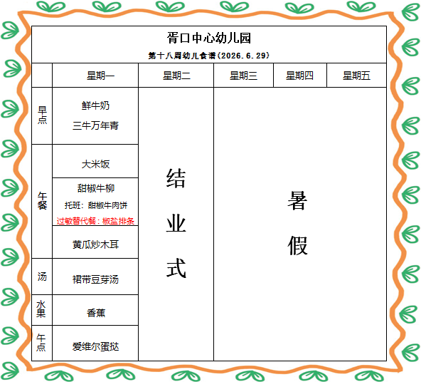  【每周食谱】2026/春 第十八周（2026年6月29日）
